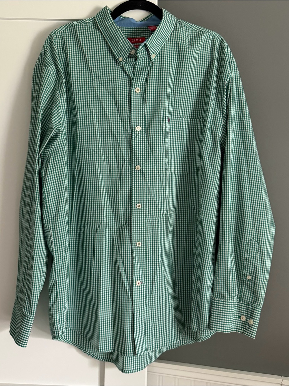 IZOD Non-Iron Stretch Button Down Green White Gingham